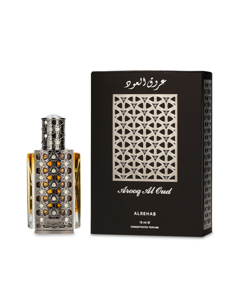 Perfume bottle and packaging of Aroog Al Oud by Al Rehab on a white background