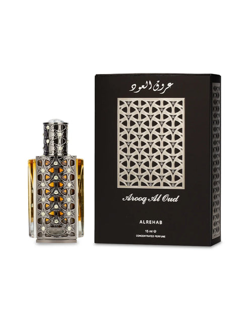 Perfume bottle and packaging of Aroog Al Oud by Al Rehab on a white background