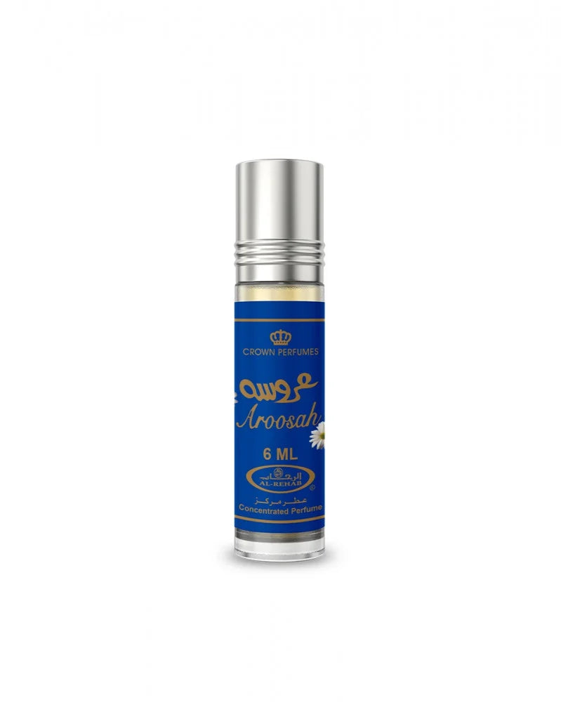 Perfume bottle with blue label and silver cap on a white background