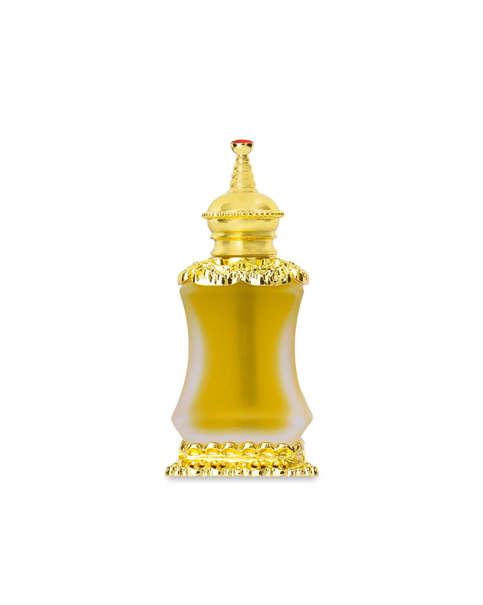 Decorative bottle with gold and white design on a white background