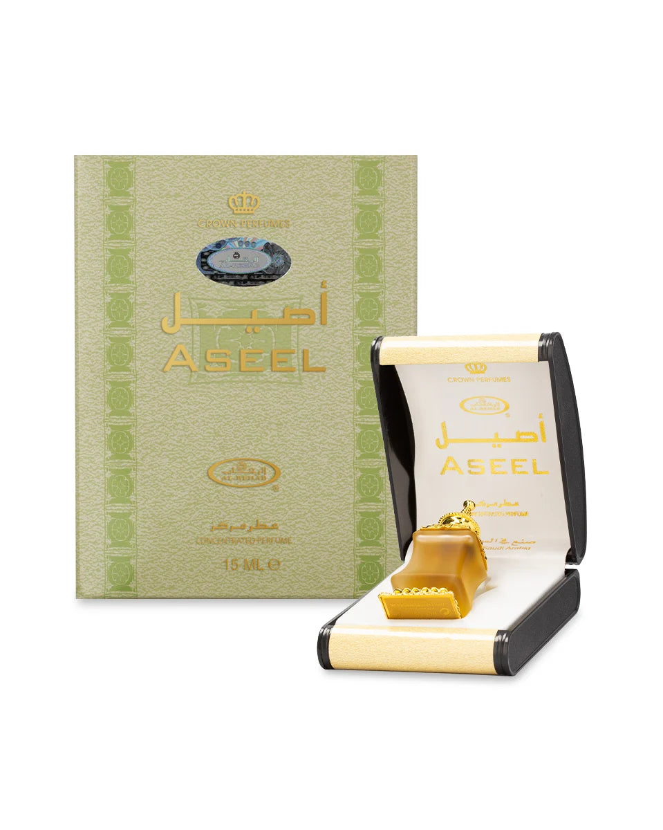 Aseel perfume packaging with green box and gold bottle on a white background