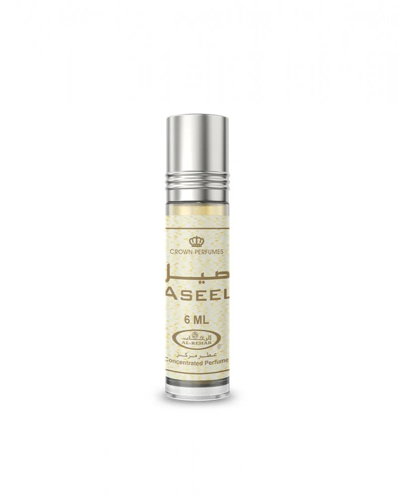 Small perfume bottle labeled 'Aseel' with a silver cap on a white background