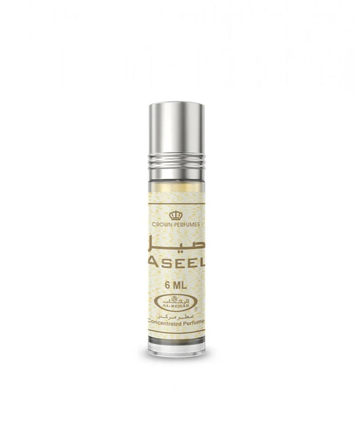 Small perfume bottle labeled 'Aseel' with a silver cap on a white background
