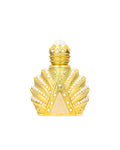 Decorative gold bottle with intricate design on a white background