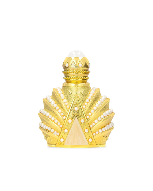 Decorative gold bottle with intricate design on a white background