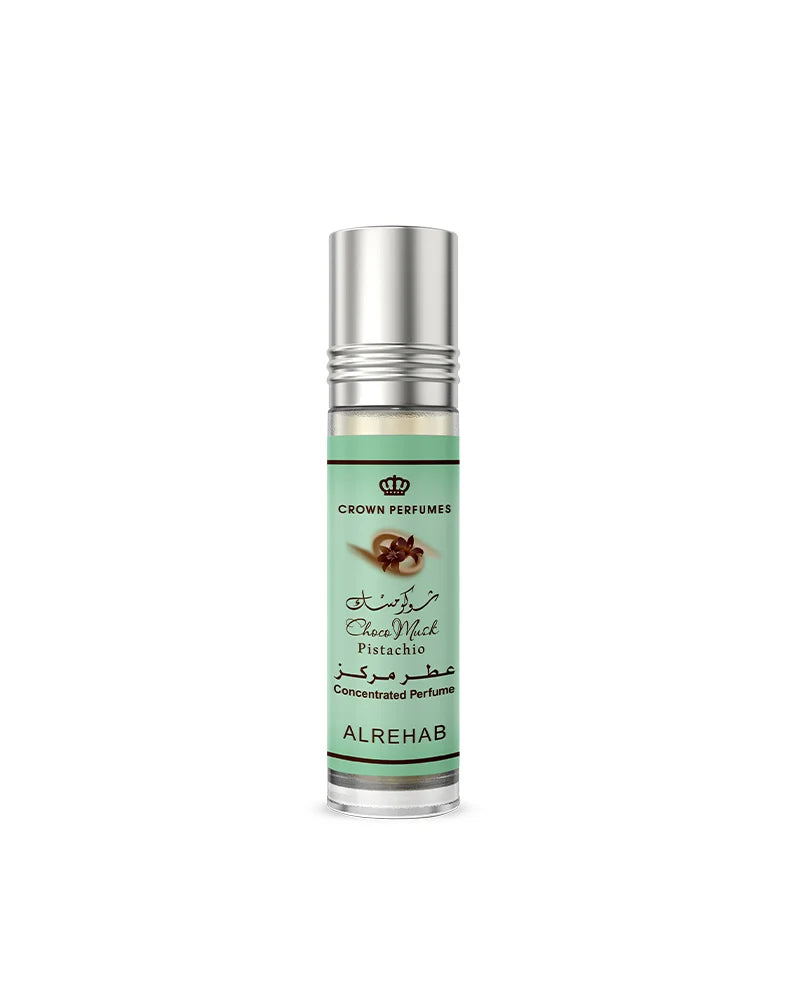 Perfume bottle with green label and silver cap on a white background