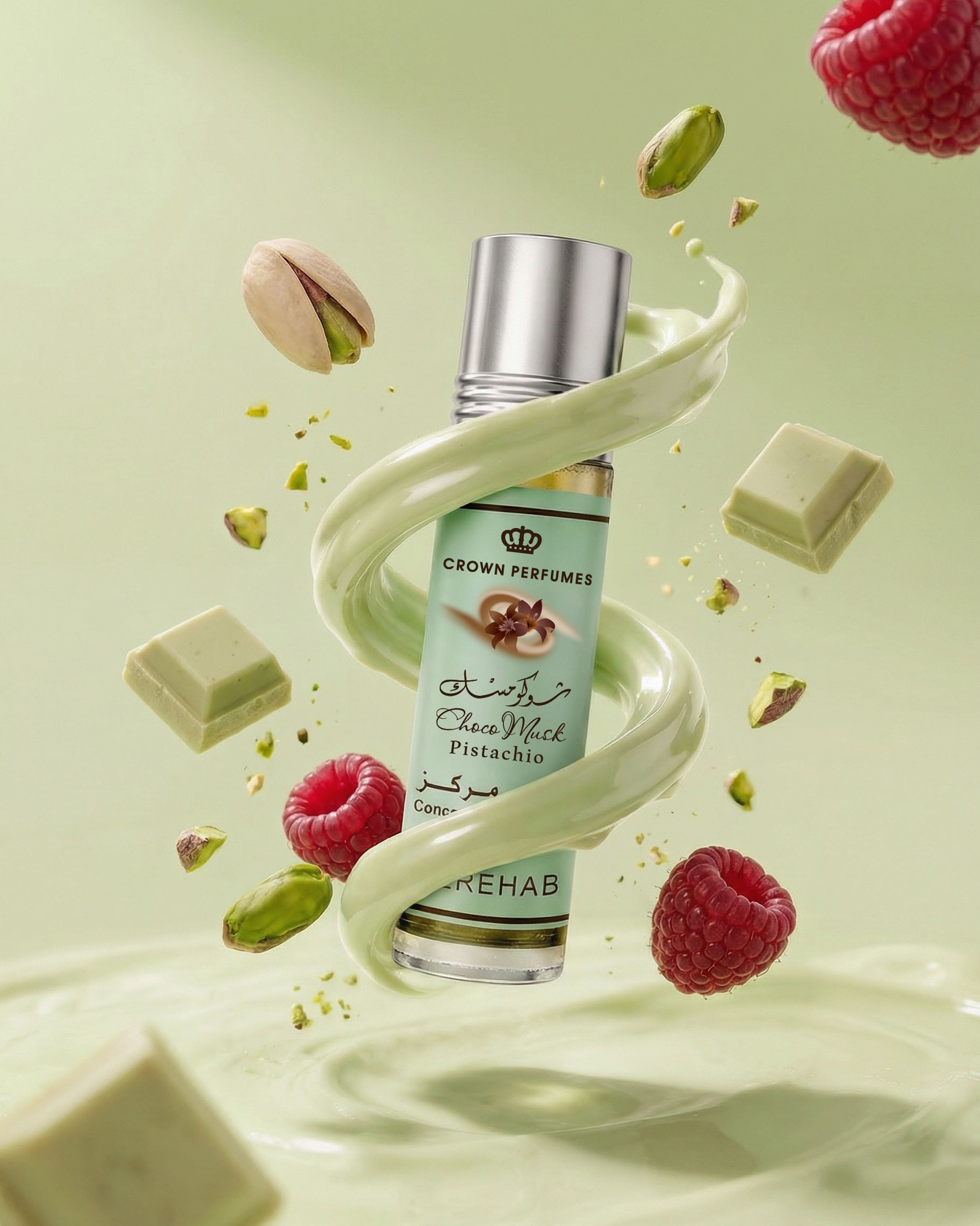 Perfume bottle with pistachio, raspberry, and chocolate elements on a light green background