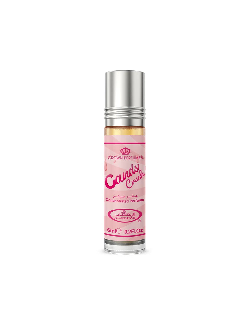Perfume bottle labeled 'Candy Crush' on a white background