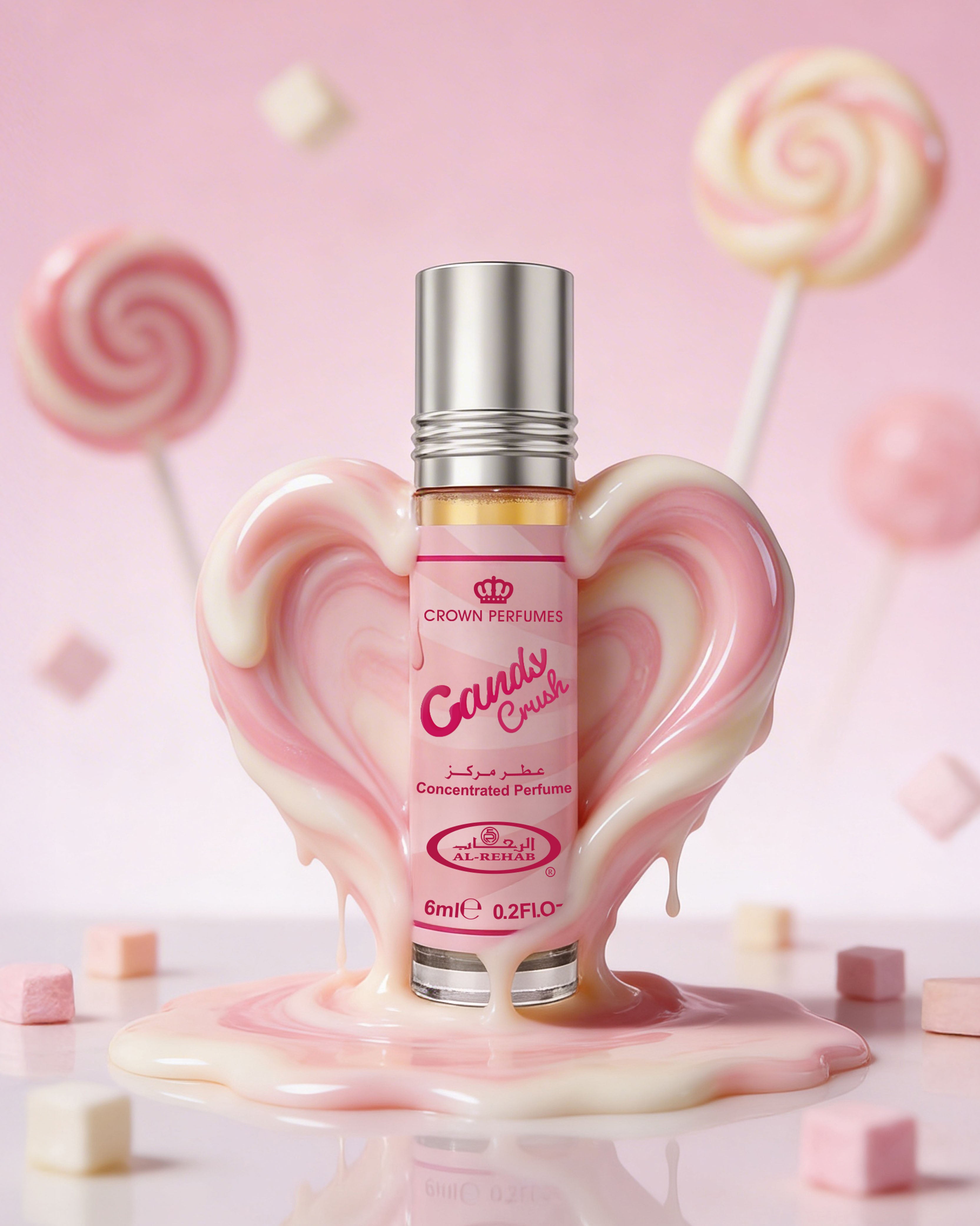 Perfume bottle labeled 'Candy Crush' with a pink and white design on a pink background with candy decorations.
