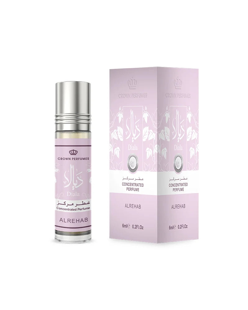 Perfume bottle and packaging with 'Alrehab' branding on a white background