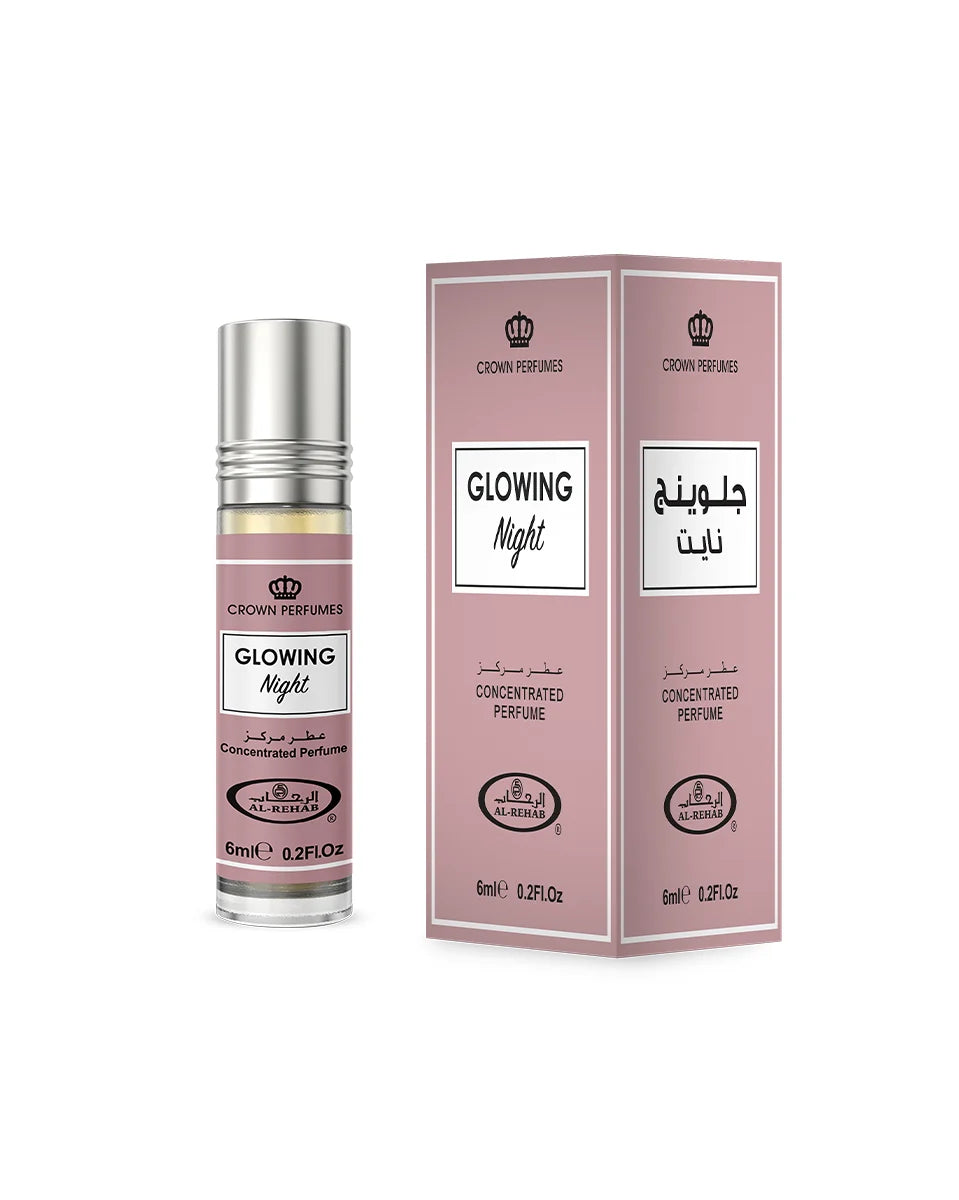 Perfume bottle and packaging of 'Glowing Night' by Crown Perfumes on a white background