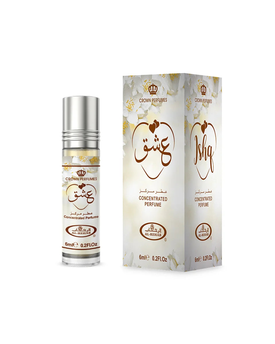 Perfume bottle and packaging of 'Ishq' by Crown Perfumes on a white background