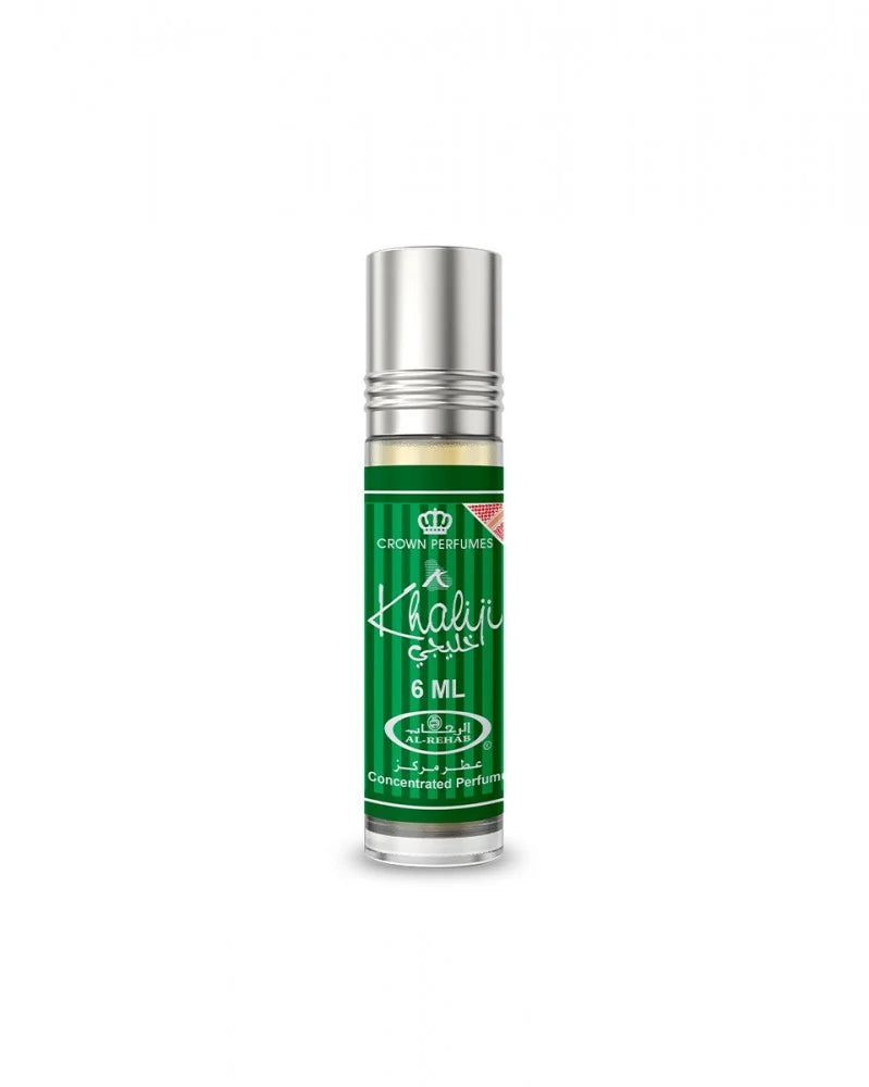 Small green and silver bottle with 'Khaliji' branding on a white background
