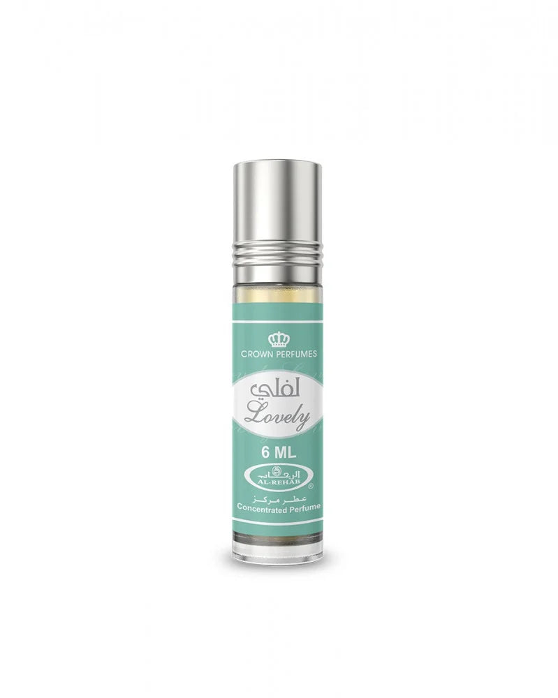 Perfume bottle labeled 'Lovely' with a silver cap on a white background