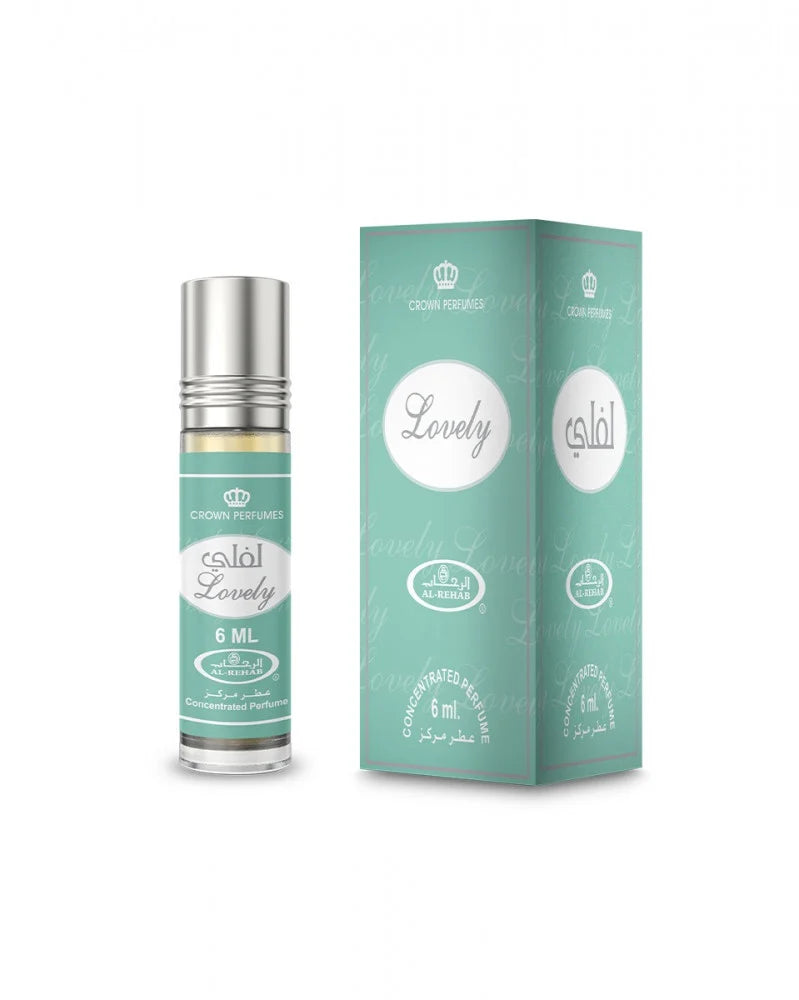 Perfume bottle and packaging with 'Lovely' branding on a white background