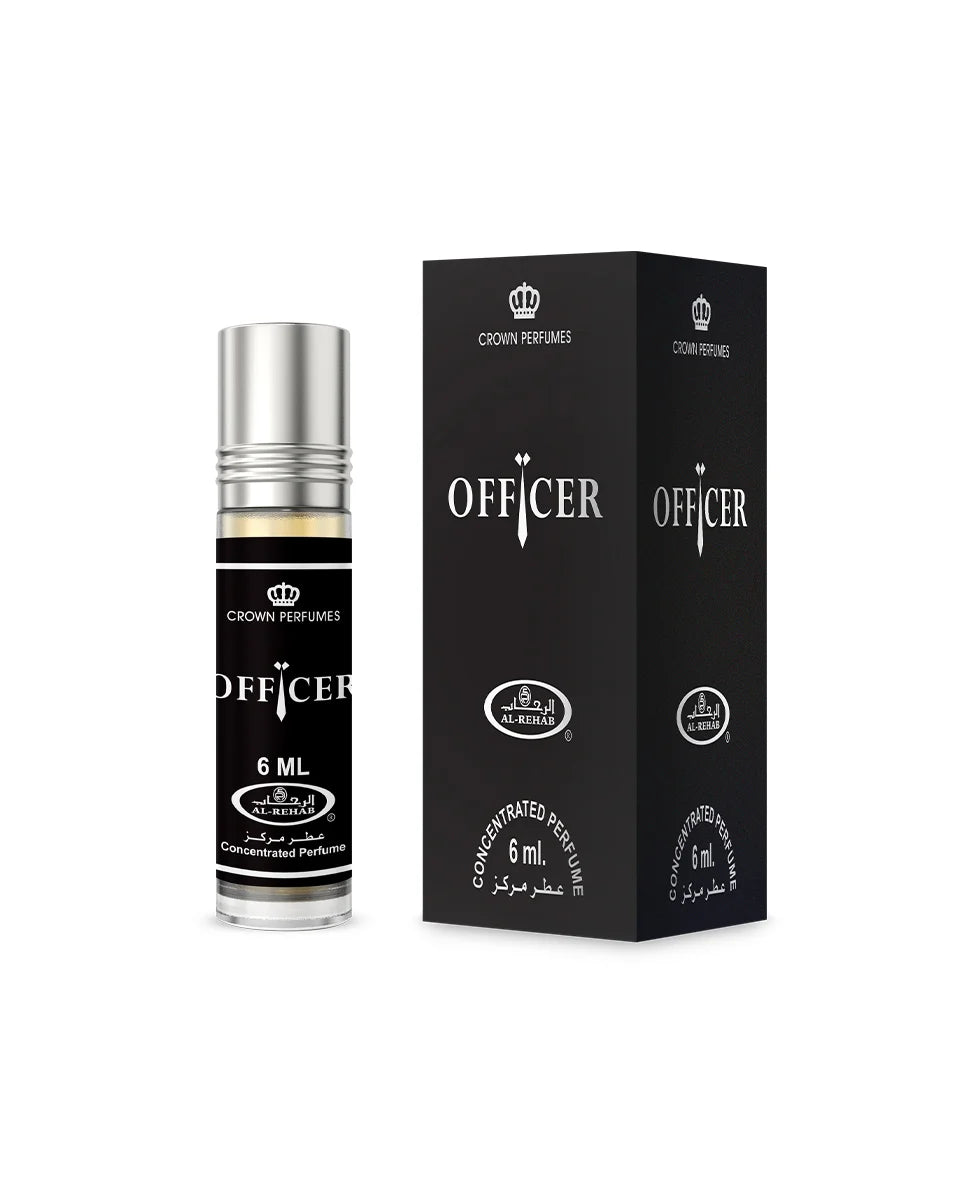 Perfume bottle and packaging with 'Officer' branding on a white background
