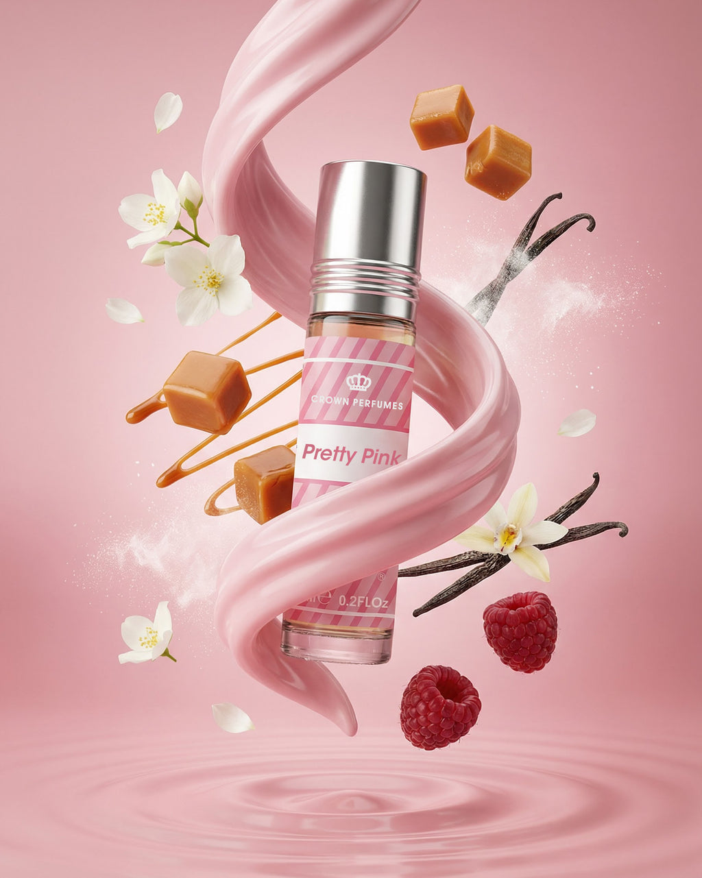 Pink perfume bottle with vanilla beans, raspberries, and caramel on a pink background
