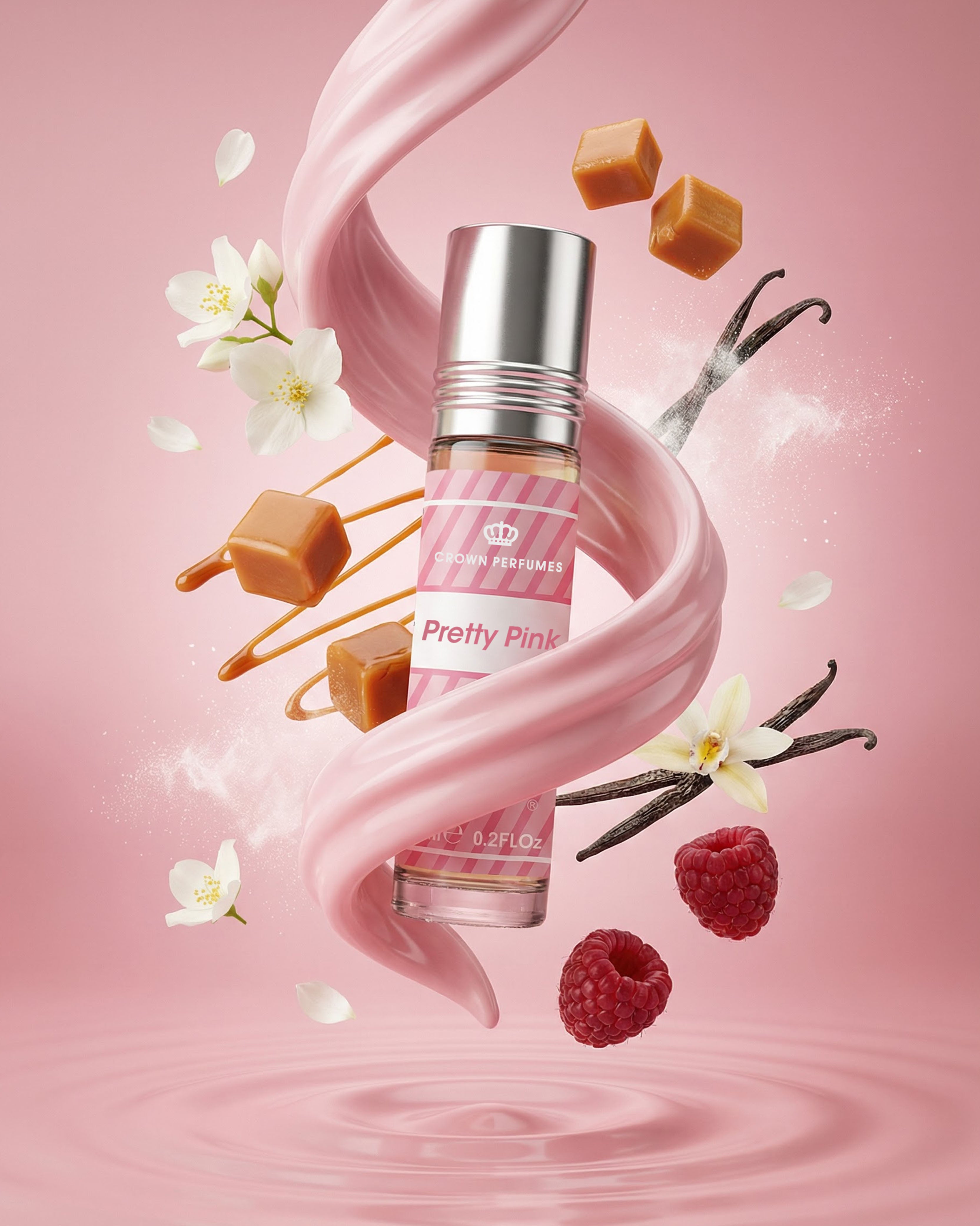 Pink perfume bottle with vanilla beans, raspberries, and caramel on a pink background