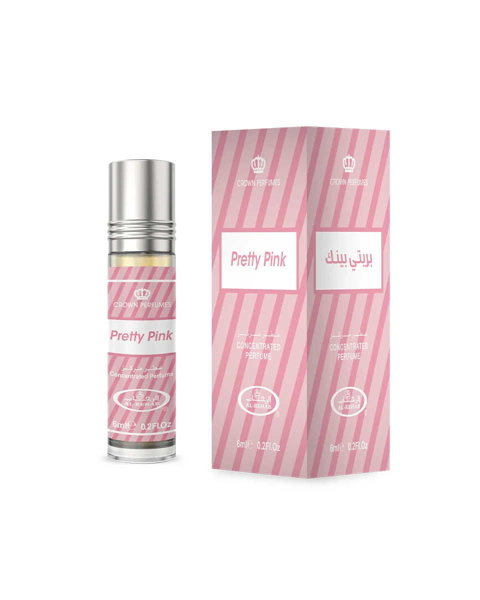 Perfume bottle and packaging with 'Pretty Pink' label on a white background