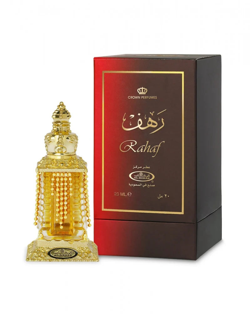Perfume bottle and packaging with 'Rahaf' branding on a white background