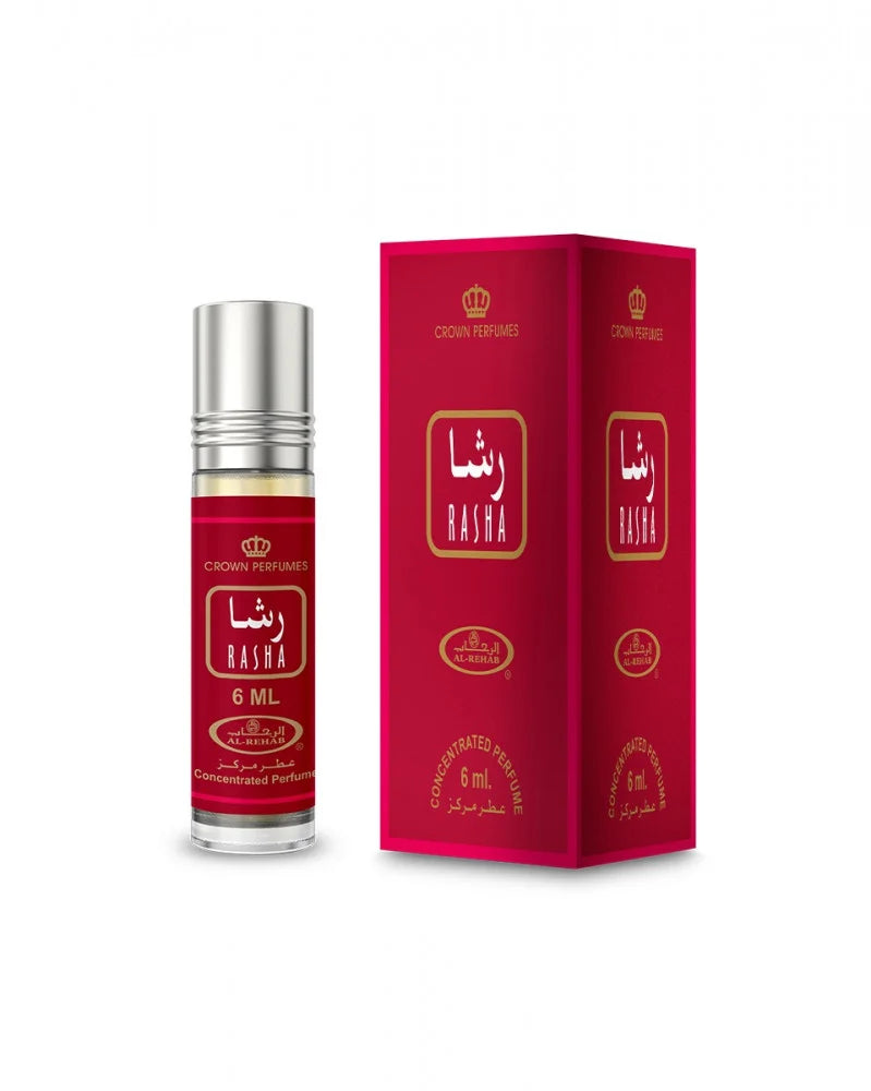 Perfume bottle and packaging with 'Rasha' branding on a white background