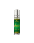 Perfume bottle with green label on a white background