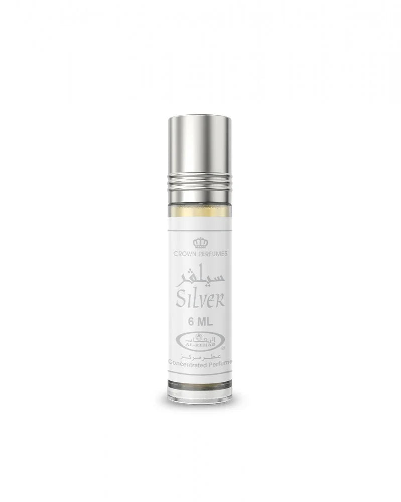 Silver bottle with a white label on a white background
