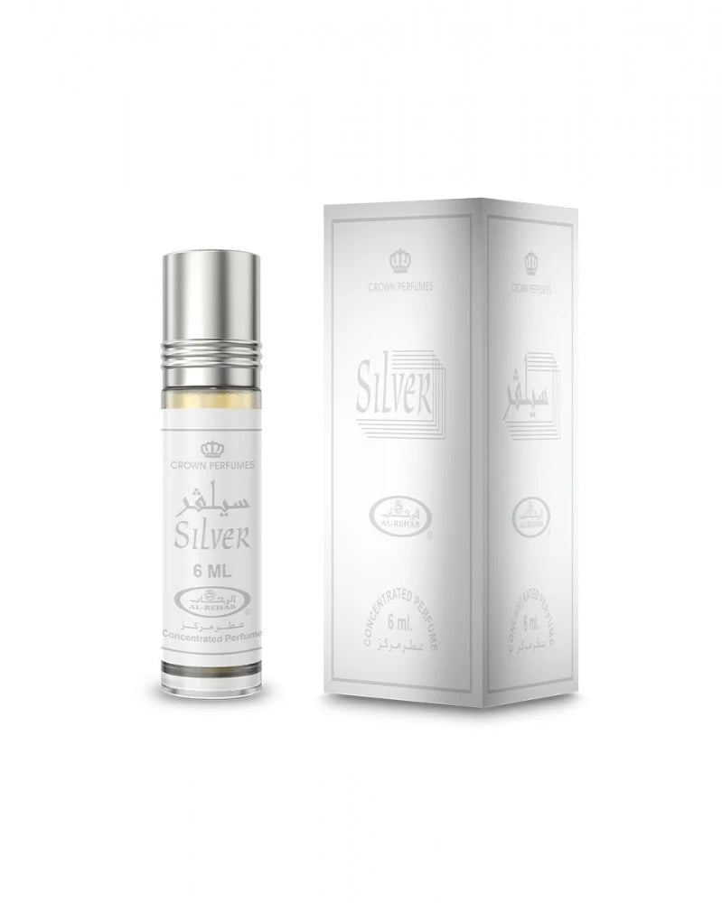 Silver perfume bottle and packaging on a white background