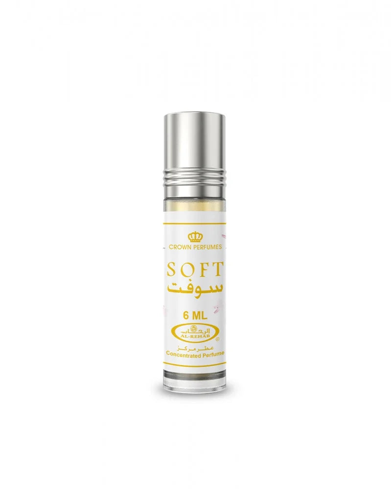 Perfume bottle labeled 'Soft' with silver cap on a white background