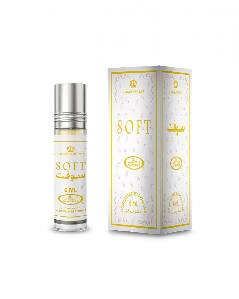 Perfume bottle and packaging labeled 'SOFT' on a white background