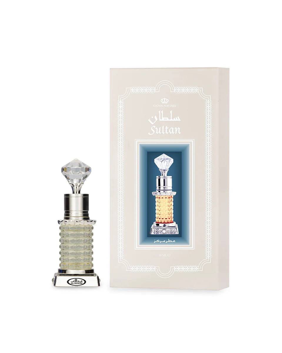 Perfume bottle with packaging featuring 'Sultan' branding on a white background