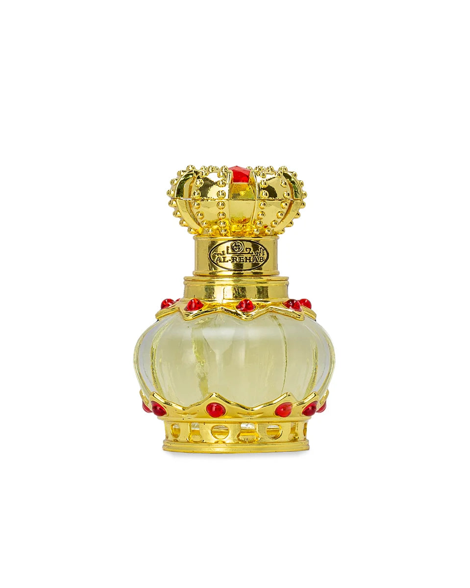 Decorative bottle with gold crown and red accents on a white background