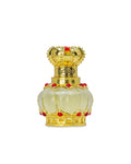 Decorative bottle with gold crown and red accents on a white background
