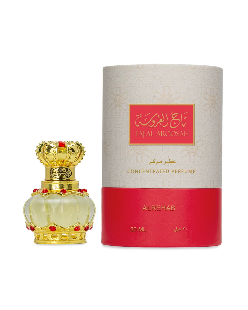Perfume bottle and packaging with 'Tajal Aroosali' branding on a white background