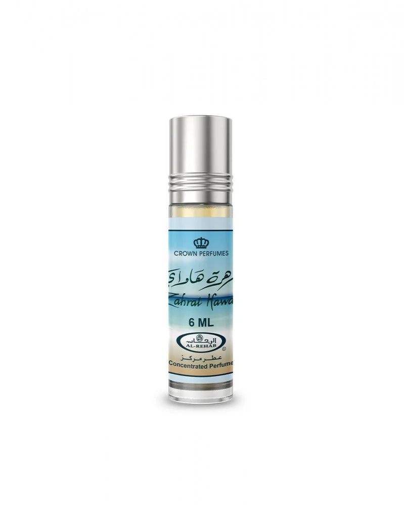 Small perfume bottle with a blue label on a white background